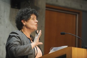 Poulsbo Mayor Becky Erickson addresses the Bainbridge City Council Wednesday.