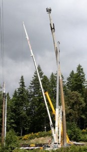 A crane crew prepares to disassemble a cell phone tower that caught fire Monday morning on State Route 305.