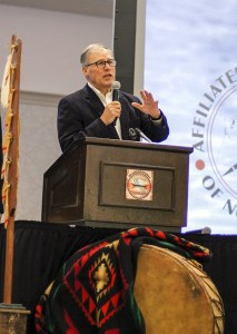 Gov. Jay Inslee addresses the winter convention of the Affiliated Tribes of Northwest Indians
