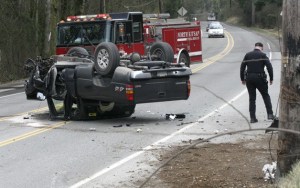 A GMC Sierra pickup rolled over on Miller Bay Road near Gunderson Road on Thursday morning.