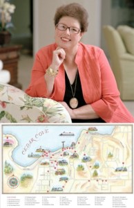 The author and the Cedar Cove map she and her publishers made for tourists visiting Port Orchard.