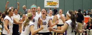 The second team in the history of the North Kitsap High School girls volleyball program went to State in 2011. The team celebrates a win over East Valley during the first round of the tournament at Evergreen State College.