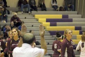 South Kitsap varsity volleyball players react to an out-of-bounds call against them during the match against North Kitsap Oct. 8 in the North Kitsap Gymnasium.