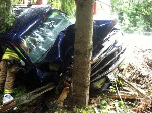 NKF&R Lieutenant Chris Smith prepares to extricate an injured man from a vehicle following a one-car crash along South Kingston Road Monday afternoon.