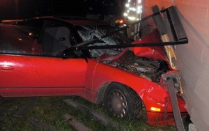 A Nissan 200SX crashed into a mobile home on Miller Bay Road Saturday.