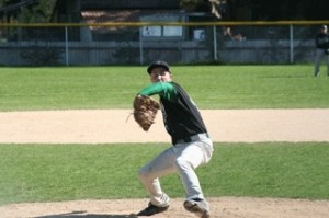 Klahowya pitcher Eric Eley fires a pitch during the first inning of the Eagles 11-1 loss at Kingston on Friday. Eley lasted just one inning