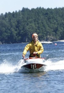 A bath tub racer skids across the water during last year’s race.