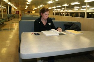 Laura Beth White studies tax law for her University of Washington evening masters program on the 10:30 p.m. ferry to Bremerton. She relies on the late-night ferries to commute home from school.