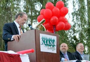 Babe Ruth World Series co-host presidents Brent Stenman and Russell Barker get a laugh during Jim Lefebvre's speech at the world series banquet Aug. 14 at Kiana Lodge.