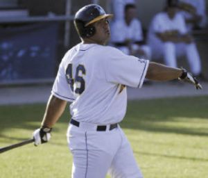 BlueJackets slugger Bucky Aona watches the ball fly off his bat during a game against Wenatchee in 2008. Aona led the league with 39 RBI in 2008.