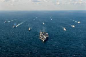 Ships assigned to the John C. Stennis Strike Group and ships assigned to the Republic of Korea Navy 1st Fleet Maritime Battle Group One steam together during Maritime Counter Special Operations Force exercise