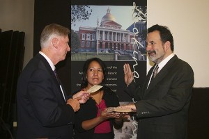 Suquamish Chairman Leonard Forsman is sworn in July 18 by Advisory Council on Historic Preservation Chairman Wayne Donaldson and board member Dorothy Lippert