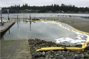 North Kitsap Fire and Rescue and Port of Kingston personnel used a containment boom and absorbent pads to mop up a transmission fluid spill Friday afternoon.