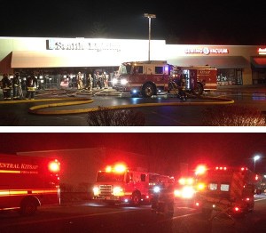 Central Kitsap Fire and Rescue crews work to fight a fire at Seattle Lighting in Silverdale on Feb. 23.