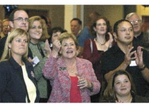 Sherry Appleton (D-Poulsbo) (center) celebrates as the numbers for the 23rd State Representative come in Tuesday evening at the Silverdale Beach Hotel.
