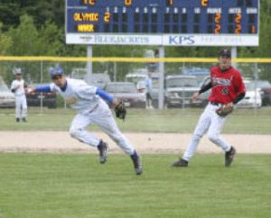 Bremerton shortstop Eli Olson considers firing a throw after barehanding a grounder in the senior all-star game.