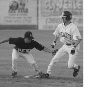 The Kitsap BlueJackets’ Kyle Baskett was tagged out during Kitsap’s (3-2) loss Tuesday night.