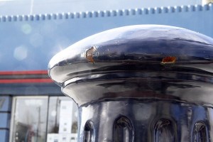 Brand new bollards installed on Pacific Avenue are chipped and rusting.