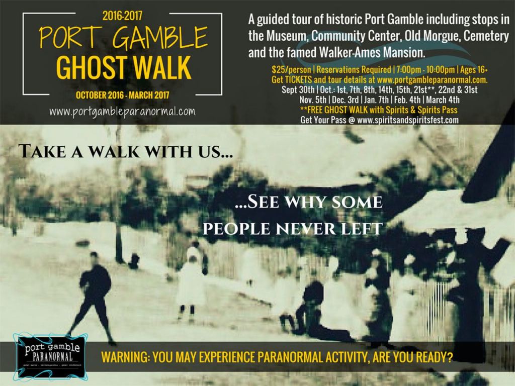 Take a guided tour of Port Gamble and explore the town&rsquo;s history and paranormal experiences, with stops in the Walker-Ames House, Historic Museum, Post Office, old morgue and the Buena Vista Cemetery.
