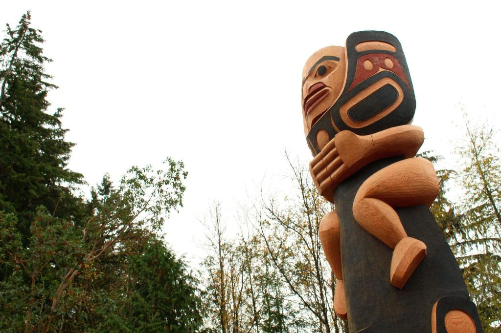 Detail from David Boxley&rsquo;s &ldquo;A Tribute to the S&rsquo;Klallam.&rdquo; This 12-foot totem depicts a S&rsquo;Klallam ancestor riding a killer whale atop a thunderbird in human form.   Quinn Brein / Courtesy