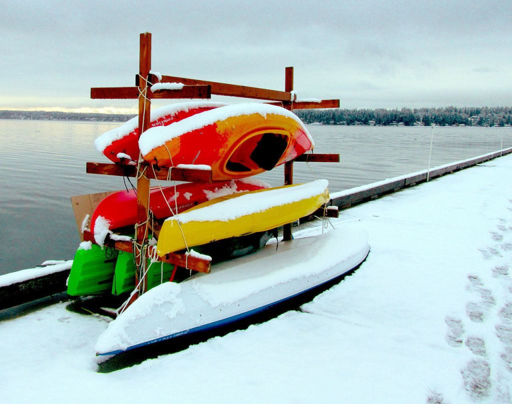 &ldquo;Kayaks in the snow at Brownsville Marina,&rdquo; by Terryl Asla