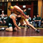 Hunter Collins makes a defensive move during his match against a Port Angeles wrestler Dec. 14. (Sophie Bonomi / Kitsap Daily News)