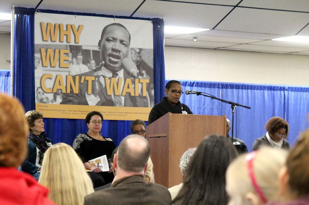 Cheryl Nuñez speaks at the 23rd annual Martin Luther King Jr. Celebration on Jan. 16 at the Kitsap County Fairgrounds. Michelle Beahm / Kitsap News Group