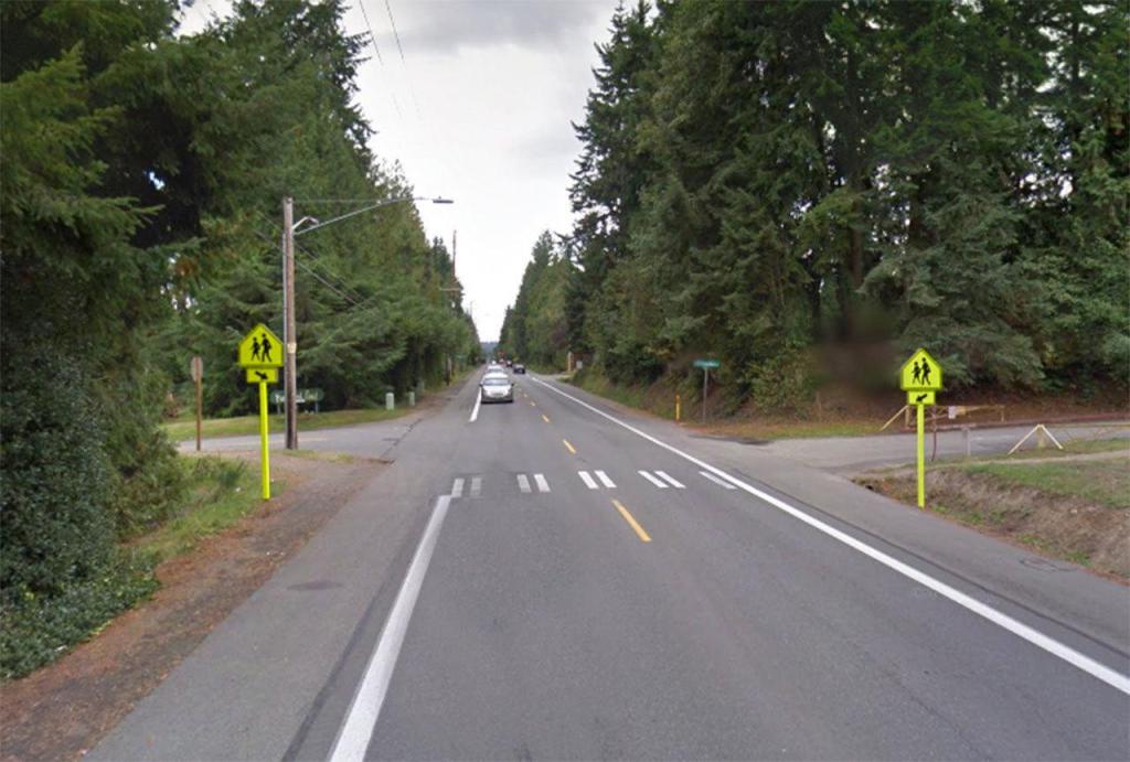 The crosswalk where Regina Monzon was struck by a vehicle in 2012 now features additional crosswalk signage. (Google Maps/2015)