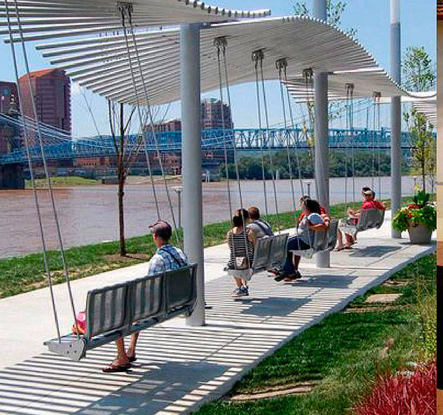 A unique design feature (shown here in a design for another project) for the waterfront pocket park includes a trellis structure that holds swinging seats. Illustration: Russell Design Source