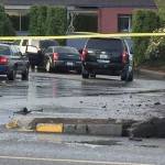 At the end of the chase, Schiavone&rsquo;s black Chrysler crashed over a median in the McDonald&rsquo;s parking lot where it hit a white SUV. Photo: Kitsap County Sheriff