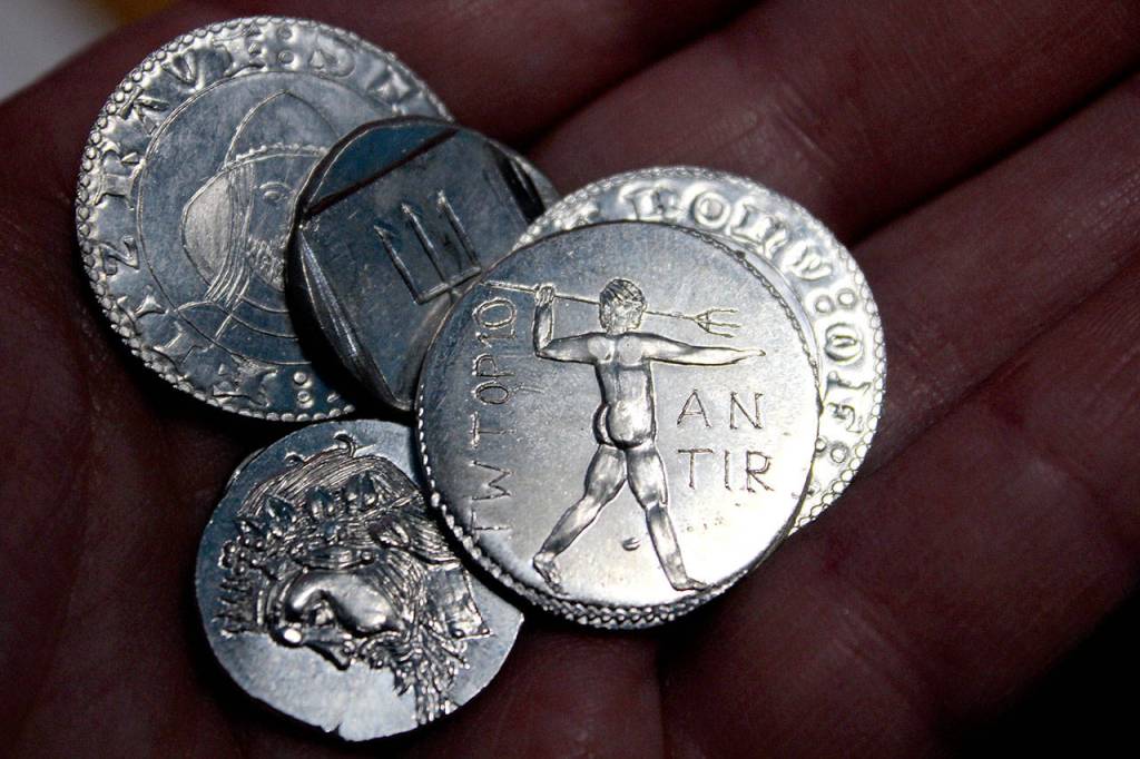 Arion the Wander has made more than 200 coin dyes, carved by hand. Some of the coins are purely custom, and others can be recreations of real historical coins. In recreations, he ensures both sides of the coin are not historically accurate so people can&rsquo;t try to resell them as authentic.                                Michelle Beahm / Kitsap News Group