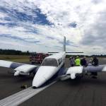 A twin-engine airplane&rsquo;s nose landing gear did not extend, forcing the pilot to land without it. He made a &lsquo;textbook&rsquo; landing, with minimal damage to the plane and runway, and all three people on board exited uninjured.                                Photo courtesy South Kitsap Fire and Rescue