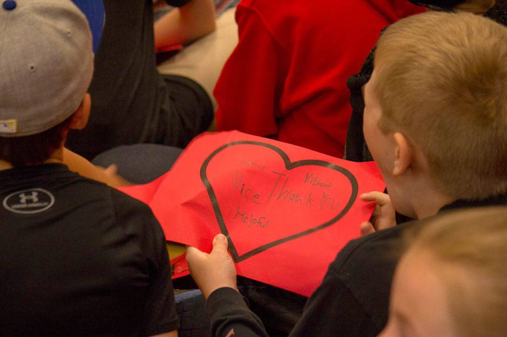 Poulsbo Elementary School Principal Claudia Alves is retiring after 46 years as a educator. Students a, faculty and staff members honored her in a full-house assembly June 16 at the school. (Sophie Bonomi/Kitsap News Group)