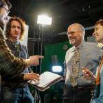 Faculty members discuss a scene with a student. From right, Amy Hesketh, professor of digital film making; Timothy Hagan, founder and director of the OC Film School; and Aaron Drane, professor of screenwriting.                                Olympic College/Contributed