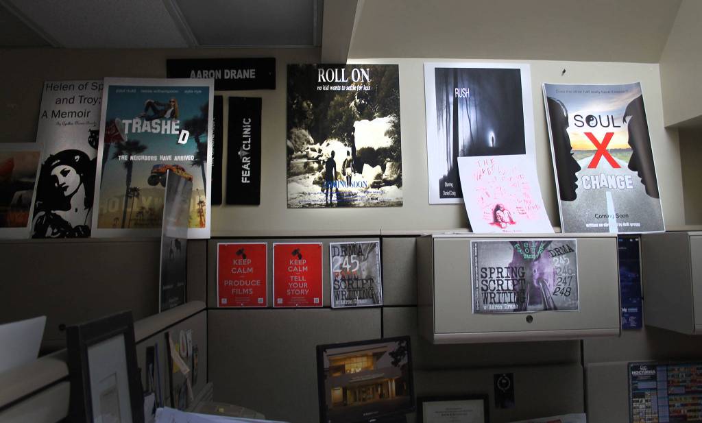 The business of show business. As part of the learning experience students have to design posters that &ldquo;sell&rdquo; their stories. These posters decorate the Film School&rsquo;s old offices in the Music Building. The department will move to the new College Instruction Center this fall and the Music Building will be torn down.                                Terryl Asla/Kitsap News Group