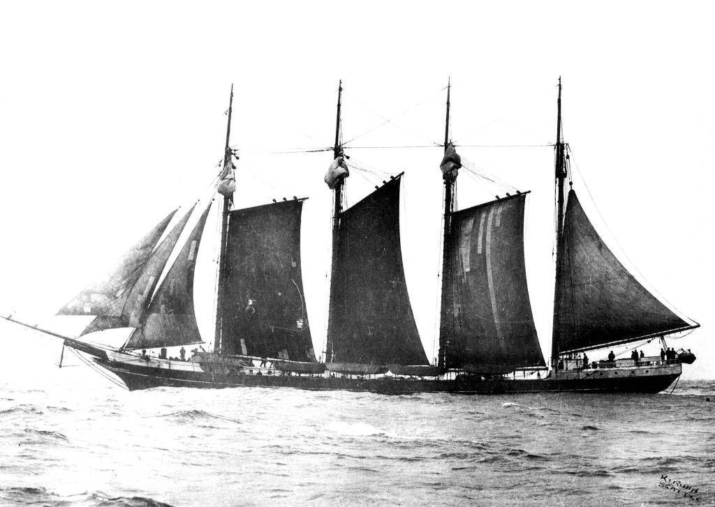 Shields&rsquo; beloved Sophie Christenson, a converted four-masted lumber schooner. At the beginning of the war, the US Army confiscated her, removed the masts and turned her into a barge. The Sophie was then towed to the Bering Sea and took part in the campaign to re-take the Aleutians from the Japanese. Shields&rsquo; bought her back after the war, but she was too far gone to restore and ended her days as a barge for a Canadian lumber company.