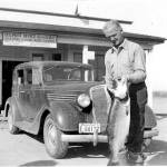 Happy customer in front of Erickson&rsquo;s Store and the Post Office, (now the Hansgrill) in the 1930s.