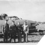 Unidentified crew members stand in front of &ldquo;Phyllis&rdquo; after she crashlanded back in England after being attacked by 40 German fighters on a bombing mission over Occupied France.                                www.301bg.com/courtesy