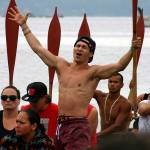 A prayerful DeShawn Joseph, in the Tulalip Tribes&rsquo; Big Brother canoe, at Point Julia during the 2013 Canoe Journey/Paddle to Quinault. (Richard Walker/2013)