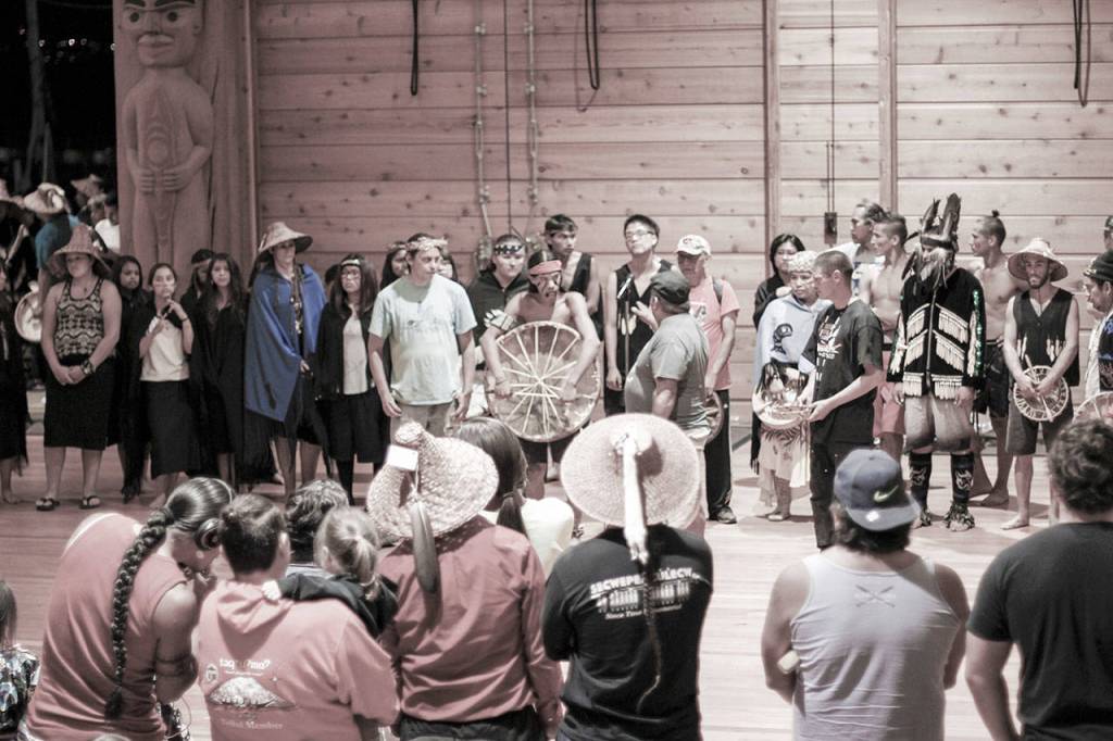 Traditional songs, dances, gifting and teachings continue round the clock in longhouses, like this one in 2016 at Suquamish&rsquo;s House of Awakened Culture. (Sophie Bonomi/2016)