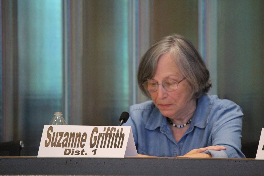 Bremerton City Council candidate Suzanne Griffith readies for her opening statement at the League of Women Voters candidates forum, July 11 in the Norm Dicks Government Center. (Michelle Beahm/Kitsap News Group)