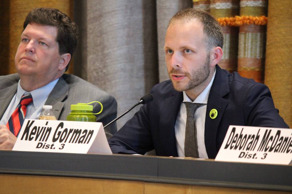 Bremerton City Council candidate Kevin Gorman awaits his opportunity to respond to a question at the League of Women Voters candidates forum, July 11 in the Norm Dicks Government Center. (Michelle Beahm/Kitsap News Group)