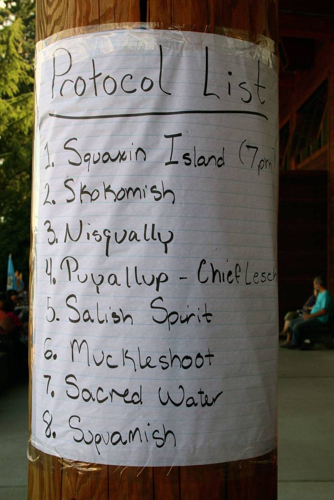 The Squaxin Island Tribe canoe family led the sharing of songs and dances July 20 in the Suquamish House of Awakened Culture, during the 2017 Canoe Journey. Canoe families are traveling to We Wei Kai and Wei Wai Kum First Nations territory at Campbell River, B.C. (Richard Walker/Kitsap News Group)