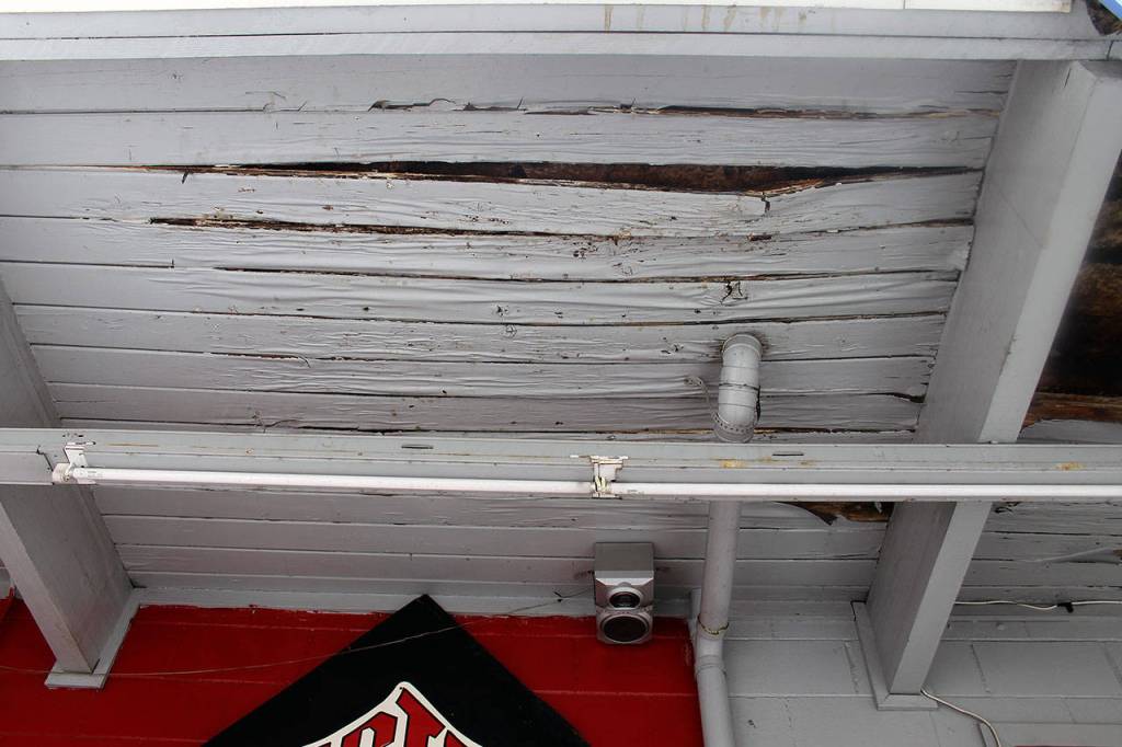 Other sections of overhang show signs of water damage and is buckling. (Richard Walker/Kitsap News Group)