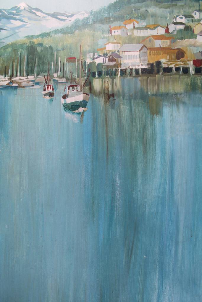 A detail of the large mural showing the early Poulsbo waterfront as seen from out in Liberty Bay. It hangs on the wall in the narrow lane on Front Street that leads to the entrance to Tizley&rsquo;s Europub.                                Terryl Asla/Kitsap News Group