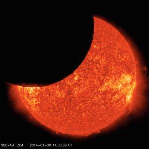 On Jan. 30, 2014, beginning at 8:31 a.m EST, the moon moved between NASA&rsquo;s Solar Dynamics Observatory, or SDO, and the sun, giving the observatory a view of a partial solar eclipse from space. Such a lunar transit happens two to three times each year. This one lasted two and one half hours, which is the longest ever recorded.                                NASA/SDO