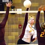 Kingston&rsquo;s Ava McCabe (7) goes up for the spike against South Kitsap&rsquo;s Sarah Carlson (39) and Alison Cole (20). Mark Krulish/Kitsap News Group                                 Kingston&rsquo;s Ava McCabe (7) goes up for the spike against South Kitsap&rsquo;s Sarah Carlson (39) and Alison Cole (20). Mark Krulish/Kitsap News Group