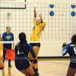 Bremerton&rsquo;s Alyssa Ronquillo goes up for the spike against in-town rival Olympic. (Mark Krulish/Kitsap News Group)