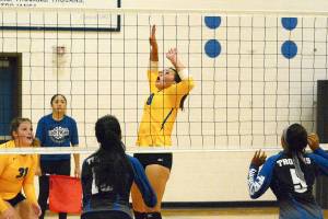 Bremerton&rsquo;s Alyssa Ronquillo goes up for the spike against in-town rival Olympic. (Mark Krulish/Kitsap News Group)