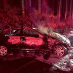 A 2009 Mercedes 4-door sedan caught fire on an embankment at the 7200 block of SW Lake Flora Road in South Kitsap Sept. 25 after it careened over the roadway&rsquo;s centerline. Responding Kitsap County Sheriff&rsquo;s Office deputies reported that the apparent driver, who wasn&rsquo;t wearing any clothing, reportedly was under the influence of narcotics. He was not injured. Photo: Kitsap County Sheriff&rsquo;s Office photo